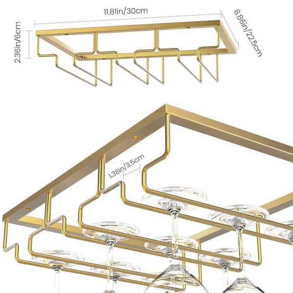 Wine Glass Rack with Under Cabinet, Stemware, Hanger Rack Holder, 3 Rows for Bar, Kitchen Cabinet, Gold (1-Pack)