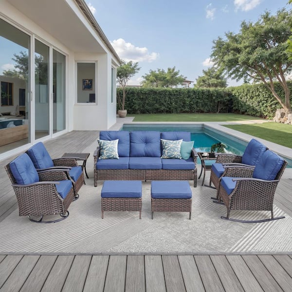 Buenaola Nyajiah 9-Piece Wicker Patio Conversation Set Outdoor Swivel Chairs Rocking Chair with Blue Cushions