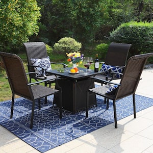 5-Piece Rattan Patio Fire Pit Set, 4 Chairs with Wave Armrest High in Back