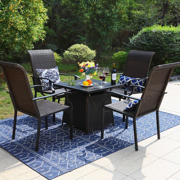PHI VILLA 5-Piece Rattan Patio Fire Pit Set, 4 Chairs with Wave Armrest High in Back