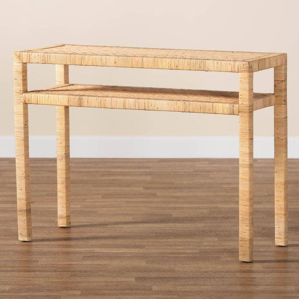 Light Honey Acacia Wood and Rattan Console Table with Storage