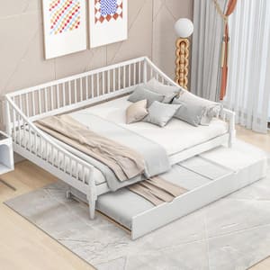 White Wood Full Size Daybed with Twin Size Trundle, Vertical Strip Hollow Shaped Bedrails, Support Legs