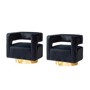 Gustaf Contemporary Black Velvet Comfy Swivel Barrel Chair with Open Back and Metal Base (Set of 2)
