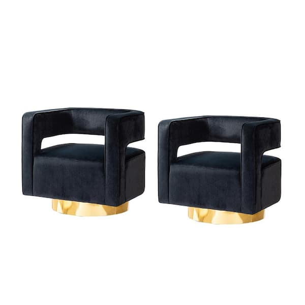 JAYDEN CREATION Gustaf Contemporary Black Velvet Comfy Swivel Barrel Chair with Open Back and Metal Base (Set of 2)