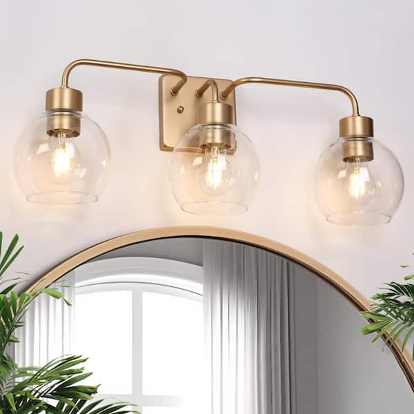 24.5 in. Modern Farmhouse 3-light Dark Gold Wall Sconce with Globe Clear Glass Shade, Vanity Light for Bathroom
