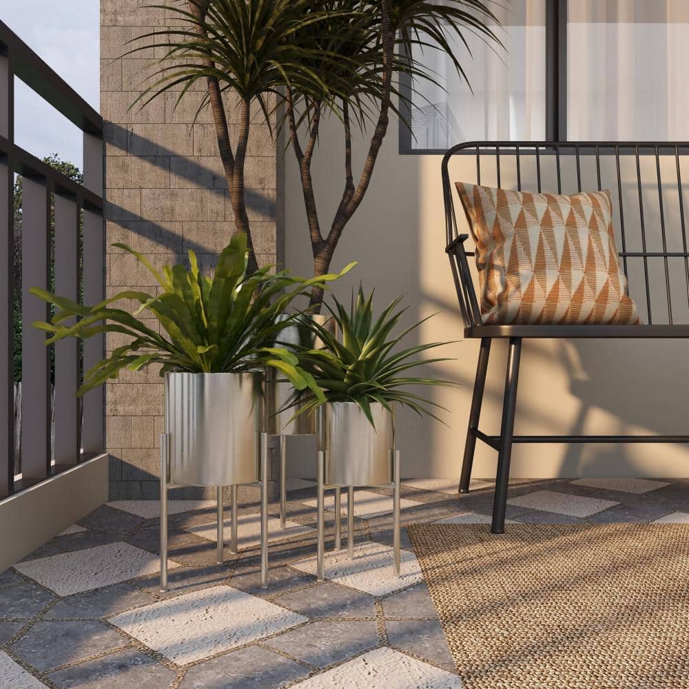 Elevated Trio Metallic Silver Iron Planters, Set of 3