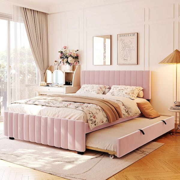 Channel-Tufted Pink Wood Frame Queen Size Velvet Upholstered Platform Bed with Twin XL Size Trundle
