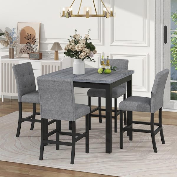 Zeus & Ruta 5-Piece Black Rubber Wood Outdoor Dining Set with 4 Upholstered High-back Chairs and Gray Cushions