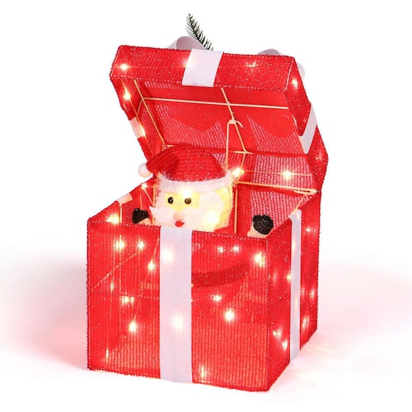 12 in. Red Motorized Gift Box Christmas Decorations with Motor and 60 LED Lights