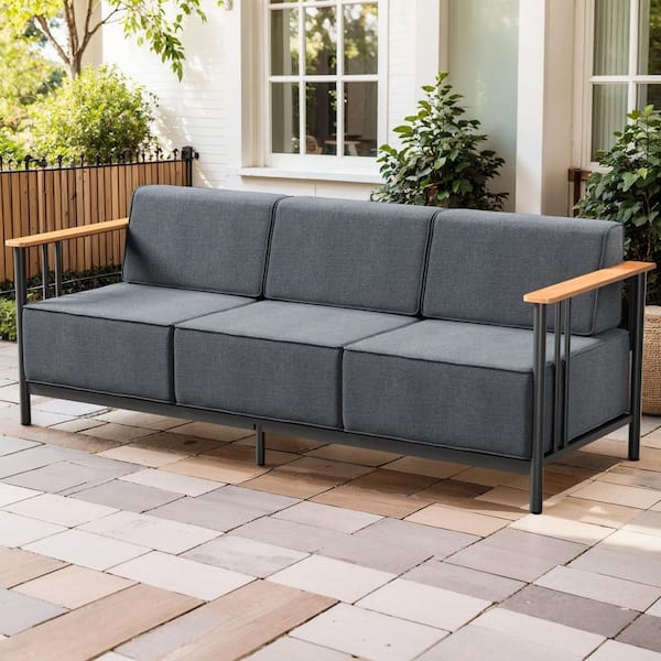 Minimalism 3-Seat Metal Outdoor Patio Sofa Sectional Couch with Dark Gray Cushions