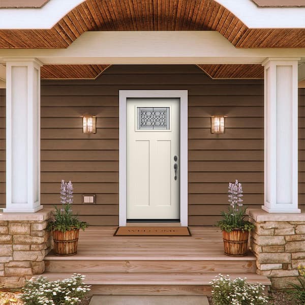 36 in. x 80 in. Left-Hand 1/4 Lite Craftsman Selwyn Decorative Glass Primed Fiberglass Prehung Front Door