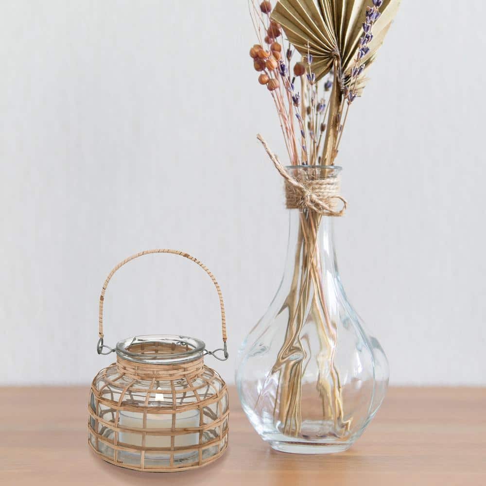 Storied Home Brown Glass Rattan Wrapped Vase/Tealight Holder with