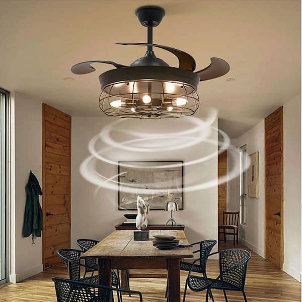 42 in. 5-Light Indoor Black Industrial Retro Cage Retractable Blades Ceiling Fan with Remote Control