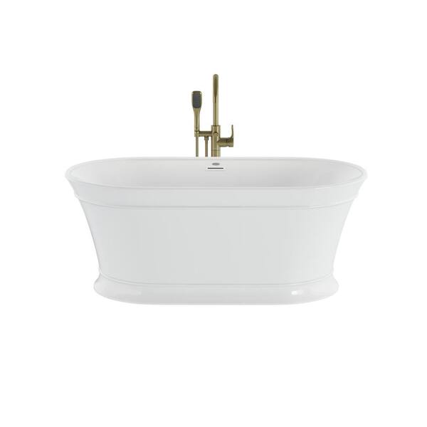 JACUZZI Lyndsay 59 in. Acrylic Flatbottom Soaking Non-Whirlpool Bathtub in White with Round Tub Filler in Brushed Bronze