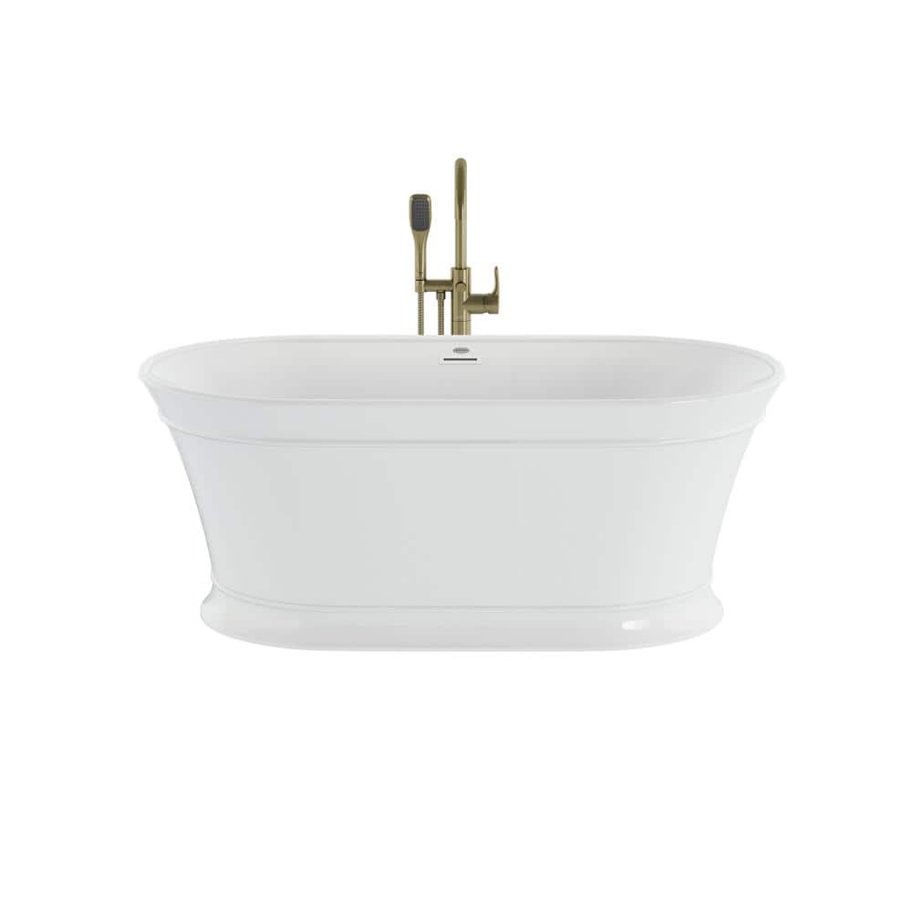 Lyndsay 59" White Acrylic Freestanding Soaking Bathtub with Brushed Bronze Faucet
