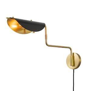 Lotus 1-Light Stain Black Swing Arm Wall Lamp Modern Hardwired Desk Wall Sconce with Aged Brass Curled Shade