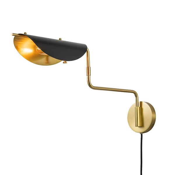 HUOKU Lotus 1-Light Stain Black Swing Arm Wall Lamp Modern Hardwired Desk Wall Sconce with Aged Brass Curled Shade