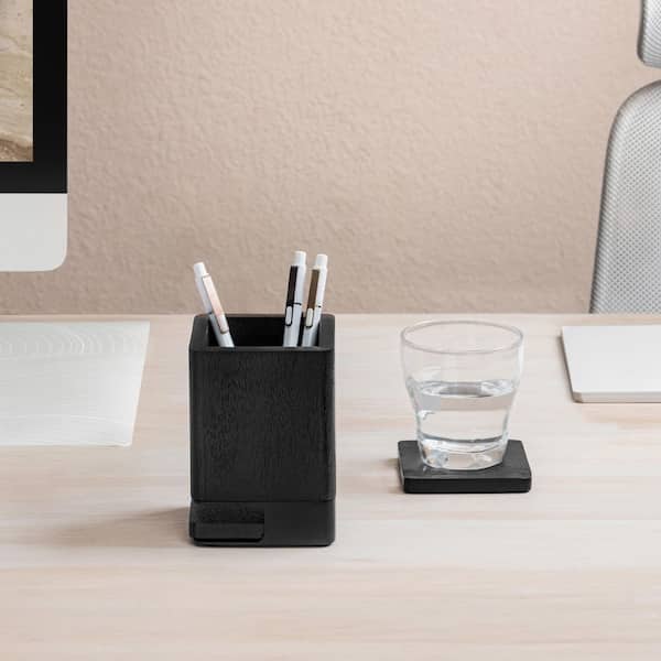 Solid Wood Pen Cup Holder with 2-Coasters