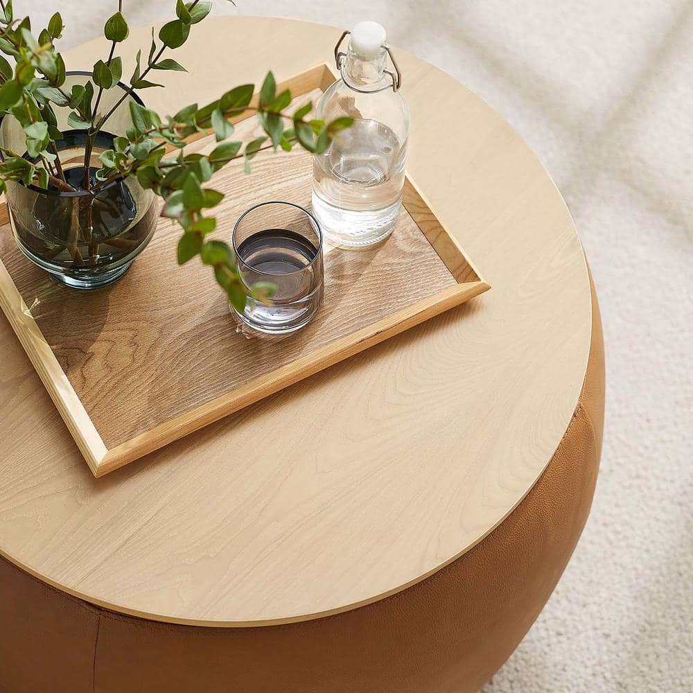Tan Round Vegan Leather Storage Ottoman with Tray Lid