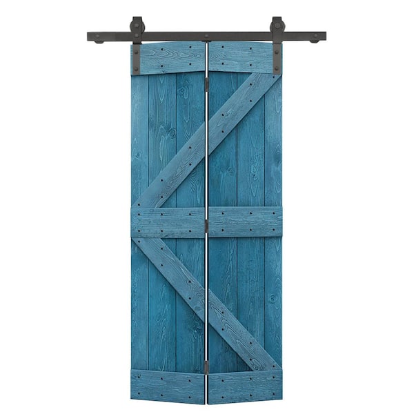 24 in. x 84 in. K Series Solid Core Ocean Blue Stained DIY Wood Bi-Fold Barn Door with Sliding Hardware Kit