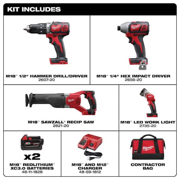 M18 18V Lithium-Ion Cordless Combo Tool Kit with Two 3.0Ah Batteries, 1-Charger, 1-Tool Bag (4-Tool)