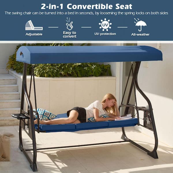 3-Person Metal Patio Swing Porch Swing with Stand, Blue Cushions
