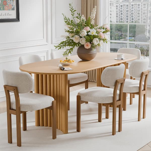 Lirago 7-Pieces Oval Wooden Top Dining Table Set Seats with Wood