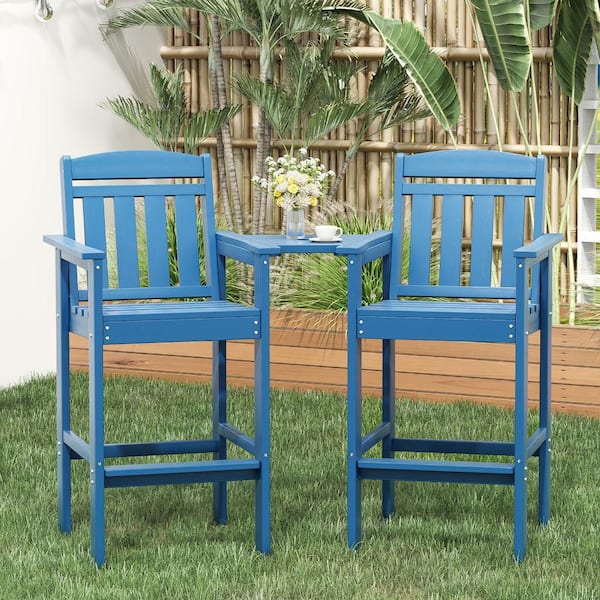 Blue Tall Adirondack Bar Stools with Connecting Tray Polyethylene Outdoor Bar Stool (2-Pack)