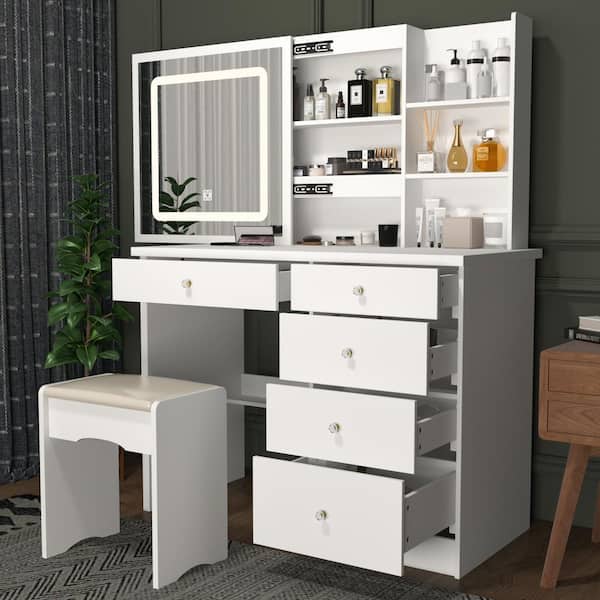 FUFU&GAGA 5-Drawers White Wood LED Push-Pull Mirror Makeup Vanity Sets Dressing Table Sets with Stool and 3-Tier Storage Shelves