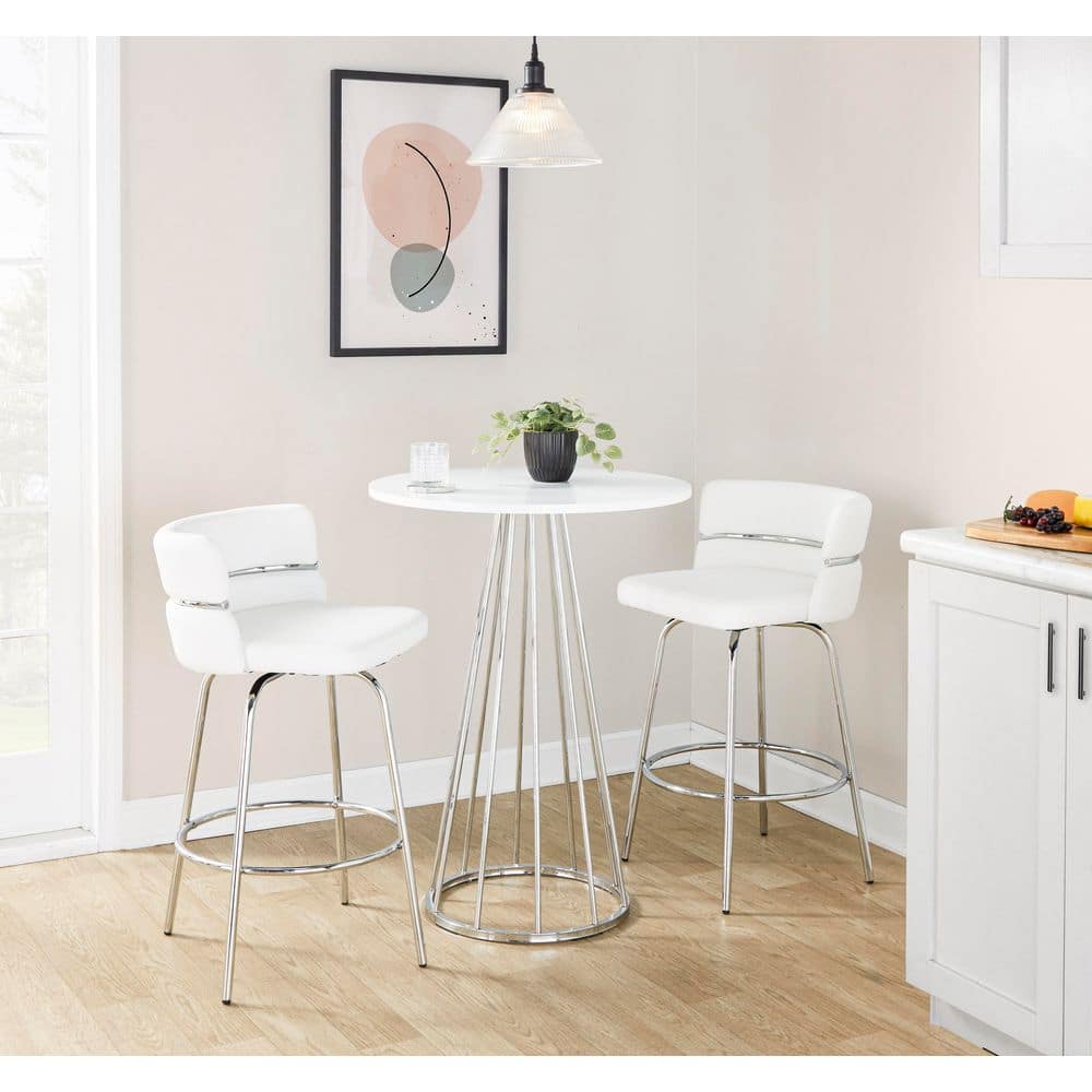 Set of 2 White Faux Leather Swivel Counter Stools with Chrome Frame