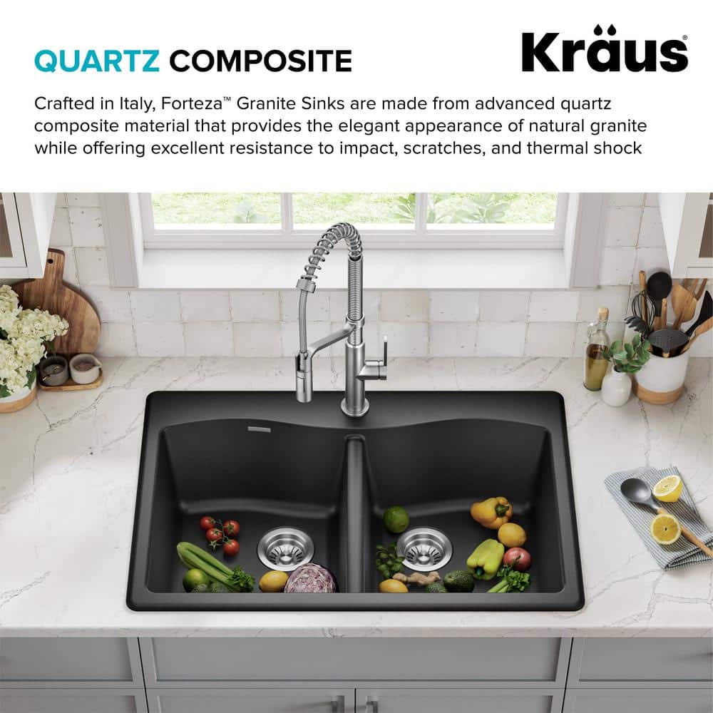 33-Inch Black Granite Double Bowl Drop-In Kitchen Sink