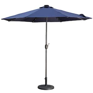 9 ft. Aluminum Market Patio Umbrella LED Solar Outdoor Umbrella in Navy Blue with Tilt and Crank