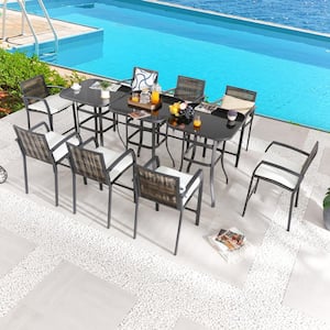11-Piece Wicker Bar Height Outdoor Dining Set with Beige Cushions