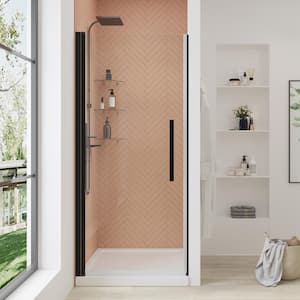 Pasadena 29-3/8 in. W x 72 in. H Pivot Frameless Shower Door in Oil Rubbed Bronze with Shelves