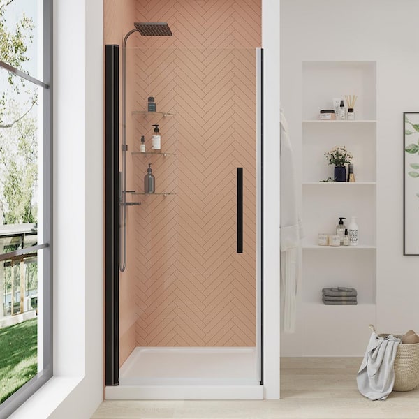 OVE Decors Pasadena 33 in. W x 72 in. H Pivot Frameless Shower Door in Oil Rubbed Bronze with Shelves