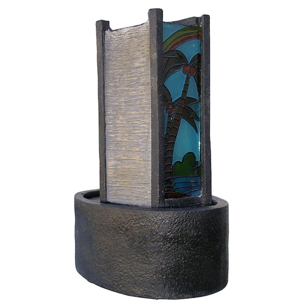 ORE International 11 in. Grey Stone Palm Tree Glass Fountain with Light Small