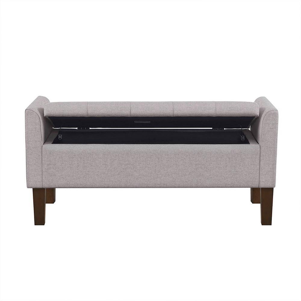 Light Grey Upholstered Flip-Top Storage Bench with Dark Wood Legs