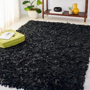 Leather Shag Black 3 ft. x 5 ft. Solid Gradient Area Rug