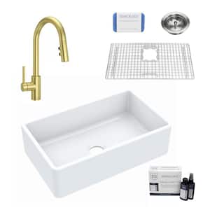 Turner 30 in. Farmhouse Apron Front Undermount Single Bowl White Fireclay Kitchen Sink with Gold Faucet Kit