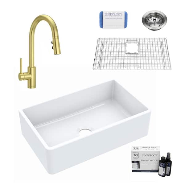 SINKOLOGY Turner 30 in. Farmhouse Apron Front Undermount Single Bowl White Fireclay Kitchen Sink with Gold Faucet Kit
