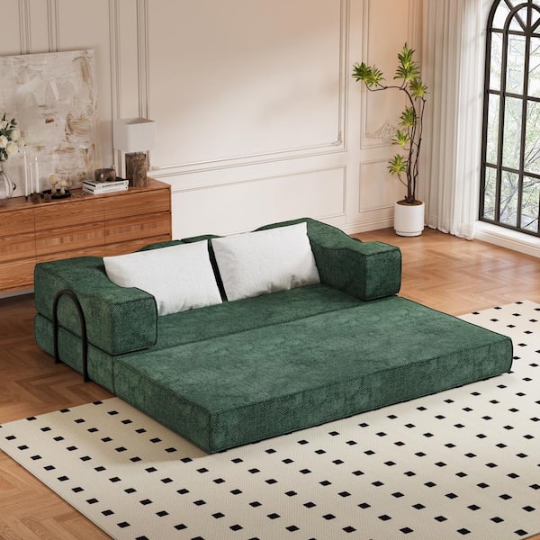 Harper & Bright Designs Convertible 80 in. Green Chenille Fabric King Size Foam-Filled Sofa Bed with 2 Pillows No Assembly Required