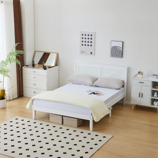 Karl home White Wood Bed Frame Queen Size Platform Bed with Headboard