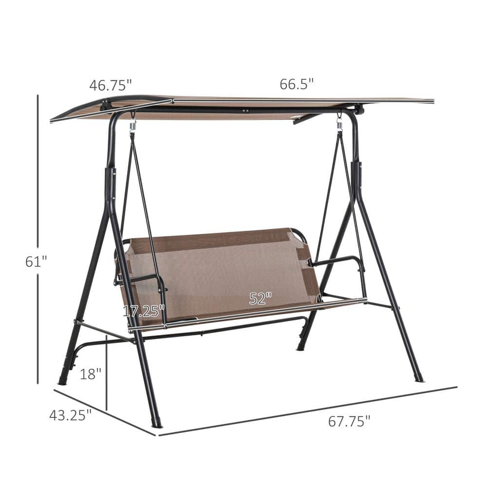 Brown Steel Frame 2-Seater Patio Swing Chair with Adjustable Canopy
