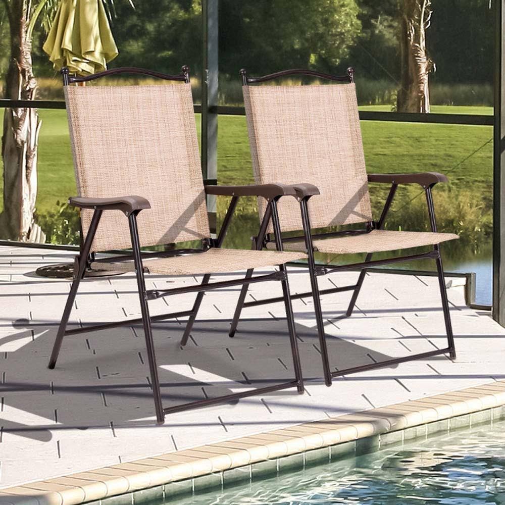 Beige Steel Frame Folding Outdoor Sling Chairs, Set of 2