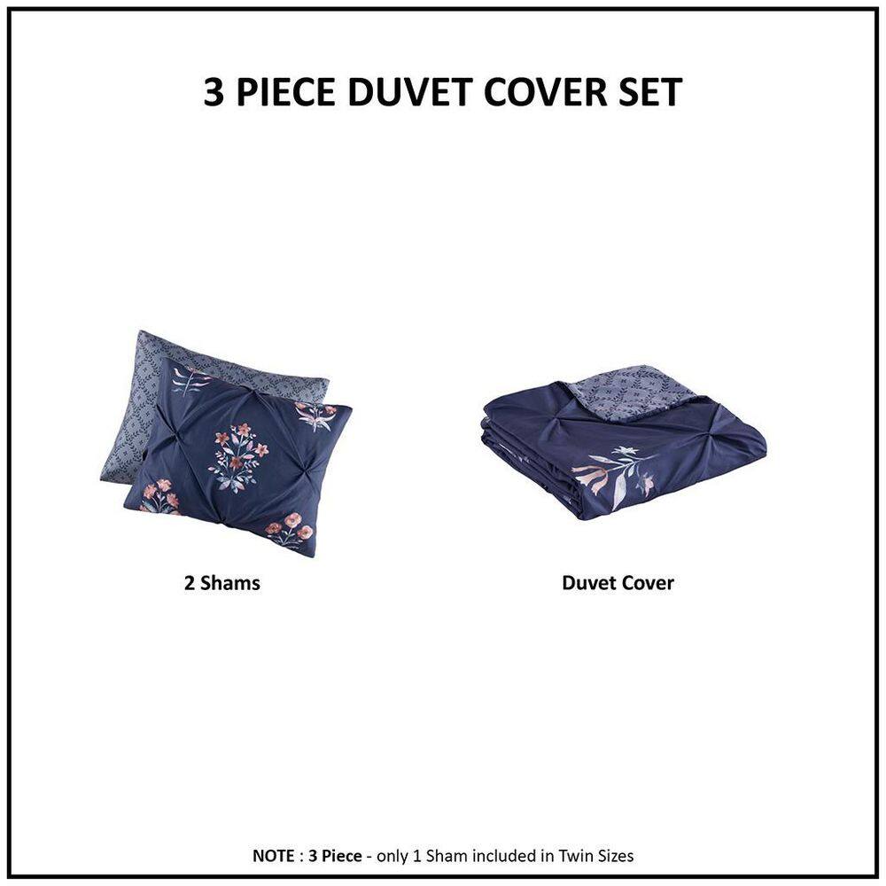Navy Floral Pintuck Cotton Full/Queen Bedspread Set