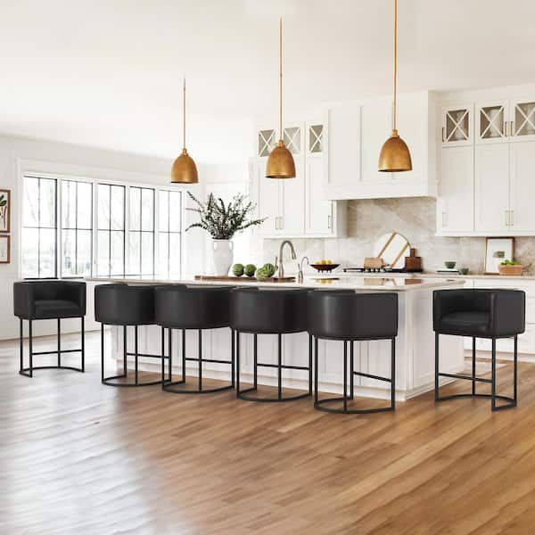 Jessica 26 in. Black Counter Bar Stool PU Leather Upholstered Barrel Counter Stool with Metal Frame (Set of 6)