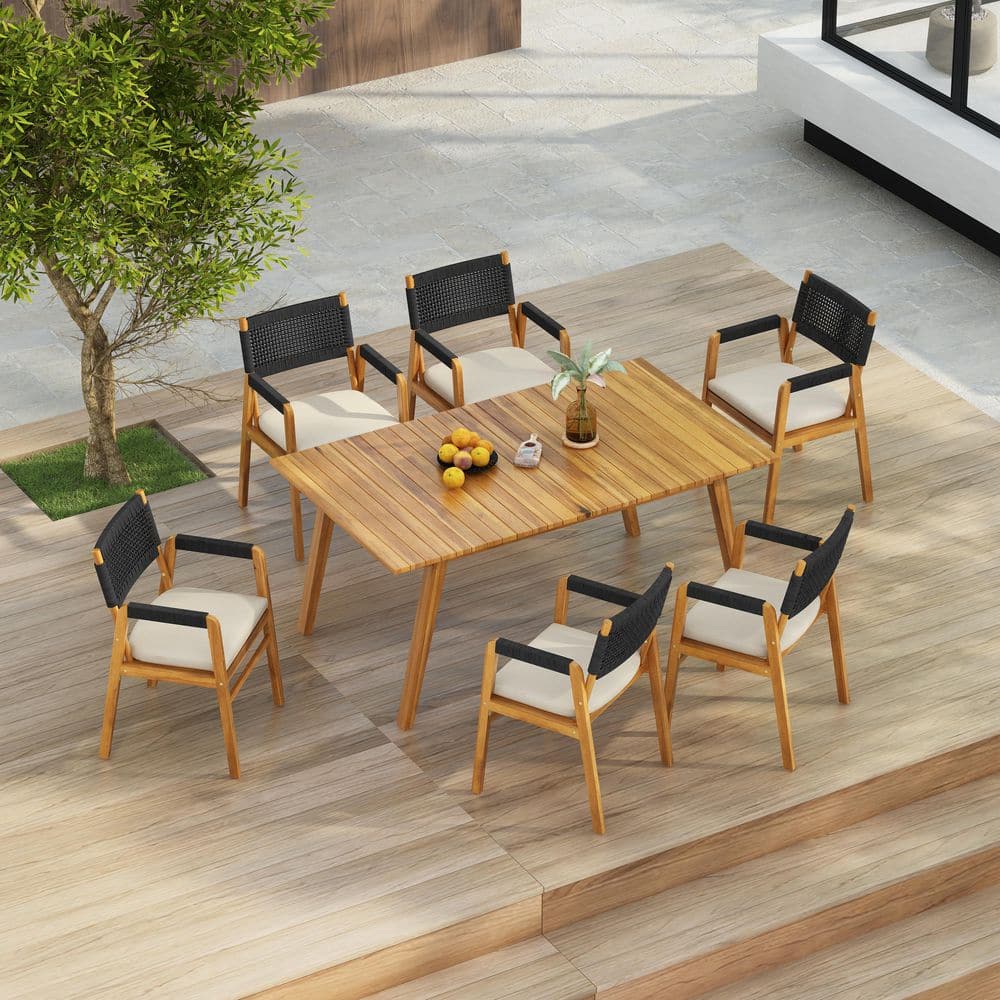 Agnes 7-Piece Wood and Rope Woven Rectangle Patio Outdoor Dining Set with Beige Cushions, Slat Design, Teak + Black