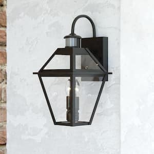 Nottingham 8.5-in. W 2-Light Black Motion Sensor Dusk to Dawn Outdoor Wall Lantern Clear Glass