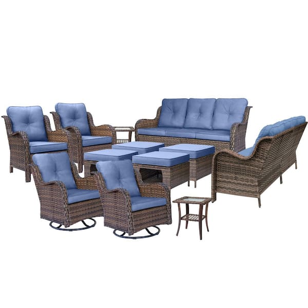 Brown 12-Piece Rattan Patio Conversation Set Lounge Sofa Chair Swivel Rockers Ottoman Side Table with Denim Blue Cushion