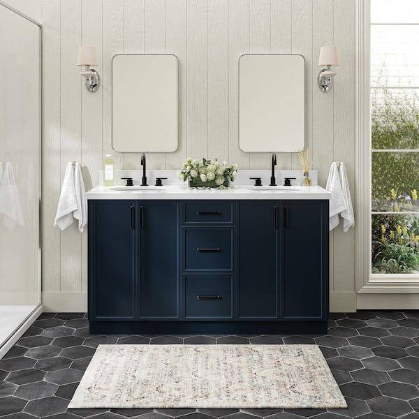 ARIEL Kelly 61 in. W x 22 in. D x 36 in. H Double Bath Vanity in Midnight Blue with Pure White Quartz Top